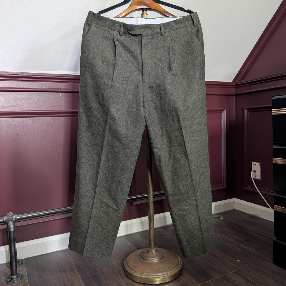 PALMER LONDON Green Flannel Super 100s Wool Pleated Trousers 34"